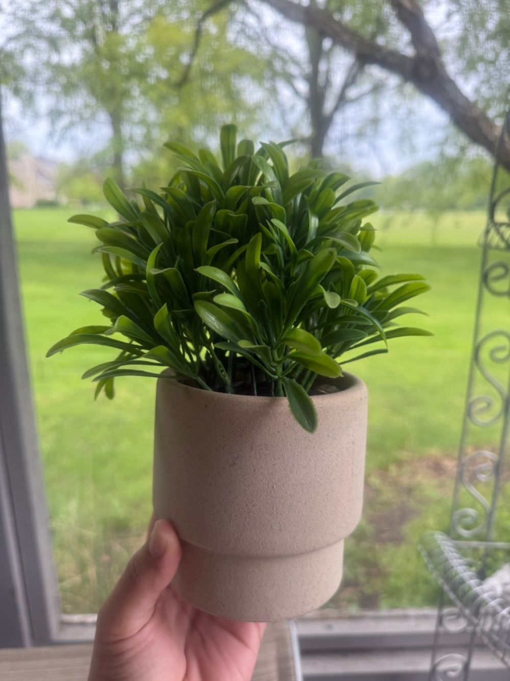 Neutral Ceramic Planter with Green Faux Plant